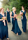 A-line V Neck Sleeveless Sweep Train Jersey Bridesmaid Dresses with Pleated Mylie STIP0025302