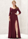 A-line V Neck Full/Long Sleeve Long/Floor-Length Chiffon Bridesmaid Dresses With Lace Split Pleated Jennifer STIP0025304