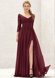 A-line V Neck Full/Long Sleeve Long/Floor-Length Chiffon Bridesmaid Dresses With Lace Split Pleated Jennifer STIP0025304