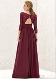 A-line V Neck Full/Long Sleeve Long/Floor-Length Chiffon Bridesmaid Dresses With Lace Split Pleated Jennifer STIP0025304