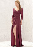 A-line V Neck Full/Long Sleeve Long/Floor-Length Chiffon Bridesmaid Dresses With Lace Split Pleated Jennifer STIP0025304