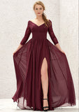 A-line V Neck Full/Long Sleeve Long/Floor-Length Chiffon Bridesmaid Dresses With Lace Split Pleated Jennifer STIP0025304