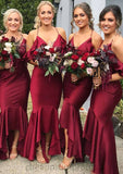 Sleeveless V Neck Asymmetrical Trumpet/Mermaid Charmeuse Bridesmaid Dresseses With Ruffles Kamryn STIP0025305