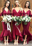 Sleeveless V Neck Asymmetrical Trumpet/Mermaid Charmeuse Bridesmaid Dresseses With Ruffles Kamryn STIP0025305