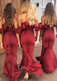 Sleeveless V Neck Asymmetrical Trumpet/Mermaid Charmeuse Bridesmaid Dresseses With Ruffles Kamryn STIP0025305