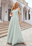 A-line Off-the-Shoulder Sleeveless Long/Floor-Length Chiffon Bridesmaid Dresseses With Pleated Quinn STIP0025307