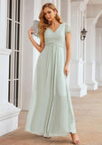 A-line V Neck Short Sleeve Long/Floor-Length Chiffon Bridesmaid Dresses With Pleated Alia STIP0025309