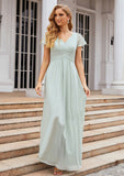 A-line V Neck Short Sleeve Long/Floor-Length Chiffon Bridesmaid Dresses With Pleated Alia STIP0025309