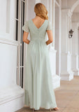 A-line V Neck Short Sleeve Long/Floor-Length Chiffon Bridesmaid Dresses With Pleated Alia STIP0025309