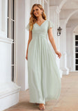 A-line V Neck Short Sleeve Long/Floor-Length Chiffon Bridesmaid Dresses With Pleated Alia STIP0025309