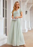 A-line V Neck Short Sleeve Long/Floor-Length Chiffon Bridesmaid Dresses With Pleated Alia STIP0025309