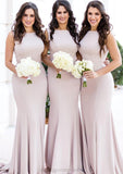 Sleeveless Bateau Sweep Train Elastic Sheath/Column Satin Bridesmaid Dresseses With Pleated Destiny STIP0025312