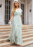 A-line V Neck Short Sleeve Long/Floor-Length Chiffon Bridesmaid Dresses With Pleated Ruffles Rylee STIP0025316