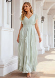 A-line V Neck Short Sleeve Long/Floor-Length Chiffon Bridesmaid Dresses With Pleated Ruffles Rylee STIP0025316