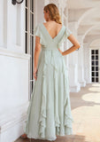 A-line V Neck Short Sleeve Long/Floor-Length Chiffon Bridesmaid Dresses With Pleated Ruffles Rylee STIP0025316