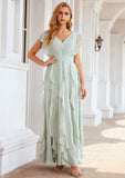 A-line V Neck Short Sleeve Long/Floor-Length Chiffon Bridesmaid Dresses With Pleated Ruffles Rylee STIP0025316