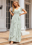 A-line V Neck Short Sleeve Long/Floor-Length Chiffon Bridesmaid Dresses With Pleated Ruffles Rylee STIP0025316