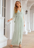 Sheath/Column V Neck 3/4 Sleeve Long/Floor-Length Chiffon Bridesmaid Dresses With Pleated Sophia STIP0025318