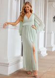 Sheath/Column V Neck 3/4 Sleeve Long/Floor-Length Chiffon Bridesmaid Dresses With Pleated Sophia STIP0025318