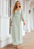 Sheath/Column V Neck 3/4 Sleeve Long/Floor-Length Chiffon Bridesmaid Dresses With Pleated Sophia STIP0025318