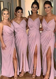 Sheath/Column V Neck Sleeveless Long/Floor-Length Chiffon Bridesmaid Dresses With Pleated Split Aileen STIP0025319