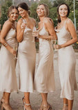 Sheath/Column Cowl Neck Sleeveless Tea-Length Satin Bridesmaid Dresses Dulce STIP0025320