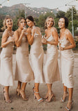 Sheath/Column Cowl Neck Sleeveless Tea-Length Satin Bridesmaid Dresses Dulce STIP0025320