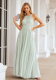 A-line Halter Sleeveless Long/Floor-Length Chiffon Bridesmaid Dresses With Pleated Taniya STIP0025325