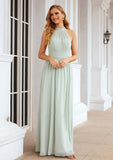 A-line High-Neck Sleeveless Long/Floor-Length Chiffon Bridesmaid Dresses With Pleated Julie STIP0025326