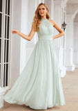 A-line High-Neck Sleeveless Long/Floor-Length Chiffon Bridesmaid Dresses With Pleated Julie STIP0025326