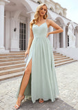 A-line V Neck Sleeveless Long/Floor-Length Chiffon Bridesmaid Dresses With Pleated Split Emerson STIP0025327