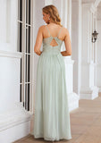 A-line V Neck Sleeveless Long/Floor-Length Chiffon Bridesmaid Dresses With Pleated Split Emerson STIP0025327