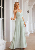 A-line V Neck Sleeveless Long/Floor-Length Chiffon Bridesmaid Dresses With Pleated Split Emerson STIP0025327