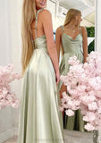 A-line Cowl Neck Spaghetti Straps Long/Floor-Length Charmeuse Bridesmaid Dresses With Split Sharon STIP0025330