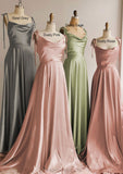 A-line Cowl Neck Spaghetti Straps Long/Floor-Length Charmeuse Bridesmaid Dresses With Split Sharon STIP0025330