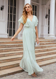 A-line V Neck Short Sleeve Chiffon Long/Floor-Length Bridesmaid Dresses With Pleated Leslie STIP0025331