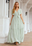 A-line V Neck Short Sleeve Chiffon Long/Floor-Length Bridesmaid Dresses With Pleated Leslie STIP0025331