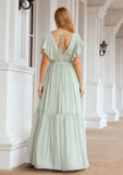 A-line V Neck Short Sleeve Chiffon Long/Floor-Length Bridesmaid Dresses With Pleated Leslie STIP0025331