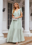 A-line V Neck Short Sleeve Chiffon Long/Floor-Length Bridesmaid Dresses With Pleated Leslie STIP0025331