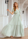 A-line V Neck Short Sleeve Chiffon Long/Floor-Length Bridesmaid Dresses With Pleated Leslie STIP0025331