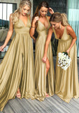 A-Line/Princess V-Neck Sweep Train Jersey Bridesmaid Dresses With Split Front Pleated Waistband Luz STIP0025336