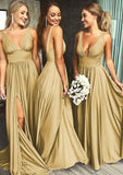 A-Line/Princess V-Neck Sweep Train Jersey Bridesmaid Dresses With Split Front Pleated Waistband Luz STIP0025336