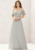 A-line Sweetheart Short Sleeve Long/Floor-Length Chiffon Bridesmaid Dresses With Pleated Nola STIP0025338