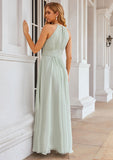 A-line Halter Sleeveless Long/Floor-Length Chiffon Bridesmaid Dresses With Pleated Tessa STIP0025342