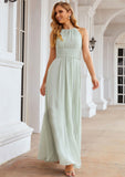 A-line Halter Sleeveless Long/Floor-Length Chiffon Bridesmaid Dresses With Pleated Tessa STIP0025342