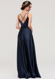 V Neck Sleeveless Long/Floor-Length Satin A-line/Princess Bridesmaid Dresseses Jazmine STIP0025345