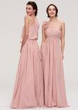 Sleeveless One-Shoulder Long/Floor-Length Chiffon A-line/Princess Bridesmaid Dresses With Pleated Flowers Alexandra STIP0025346