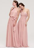 Sleeveless One-Shoulder Long/Floor-Length Chiffon A-line/Princess Bridesmaid Dresses With Pleated Flowers Alexandra STIP0025346