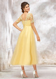 Short Sleeve A-line/Princess Tulle Bateau Bridesmaid Dresses With Lace Appliqued Diya STIP0025351