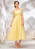 Short Sleeve A-line/Princess Tulle Bateau Bridesmaid Dresses With Lace Appliqued Diya STIP0025351